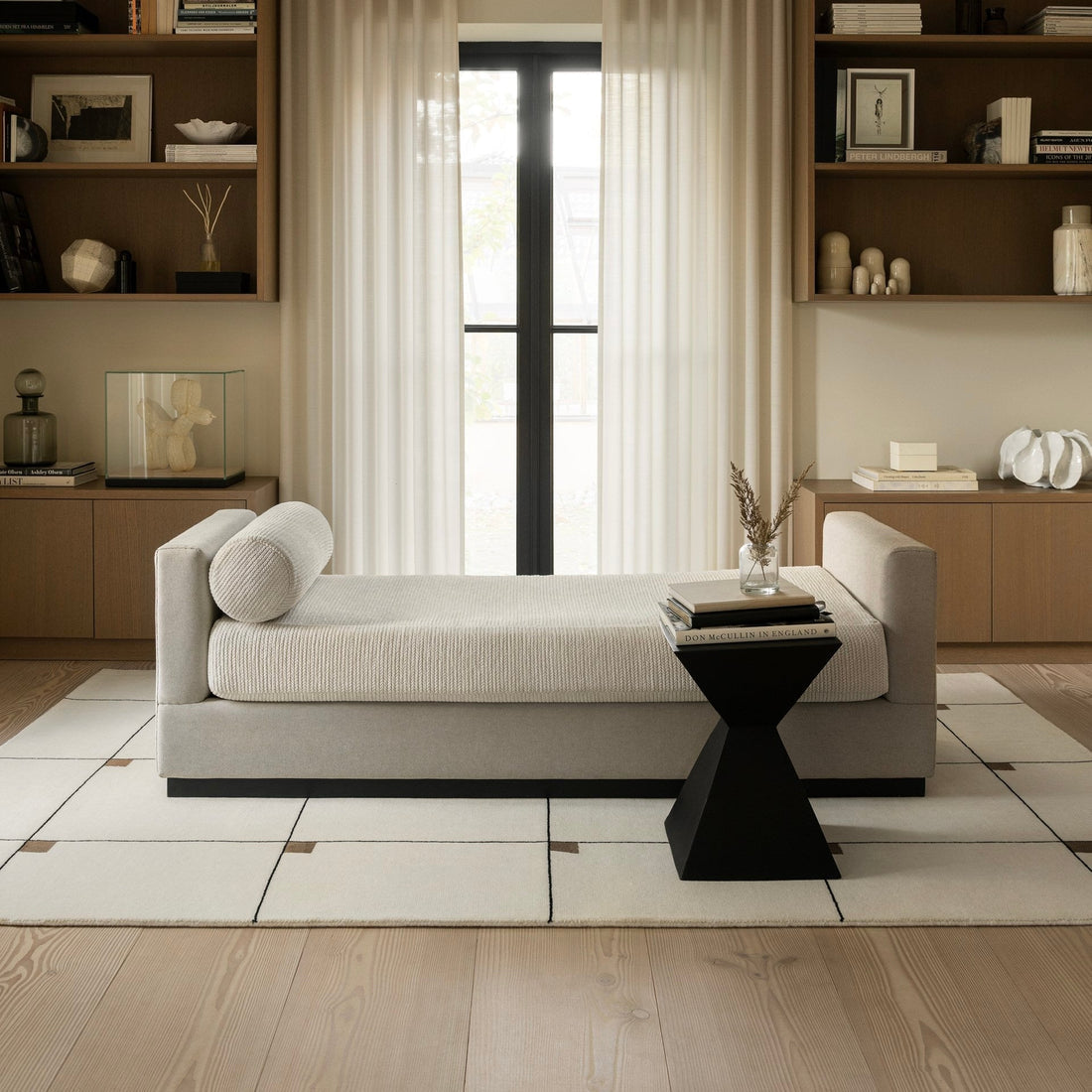 Ivory and Brown Geometric Grid Rug