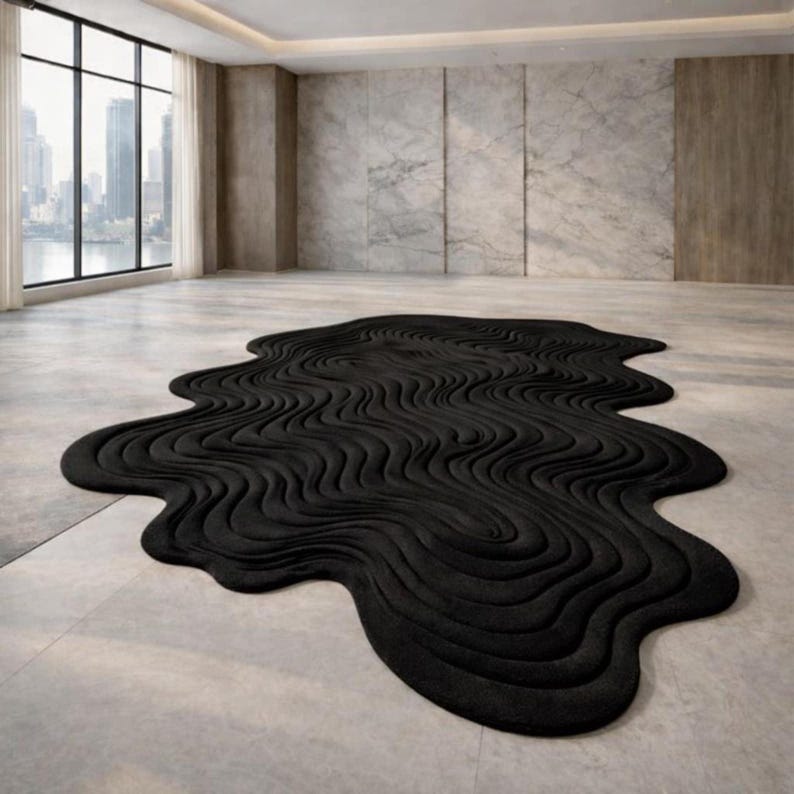 White and Black Wavy Contour Rug
