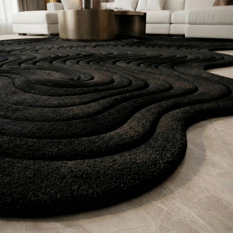 White and Black Wavy Contour Rug