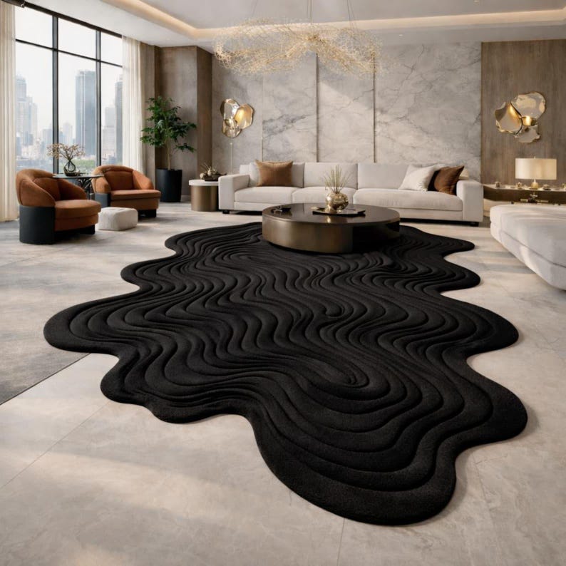 White and Black Wavy Contour Rug
