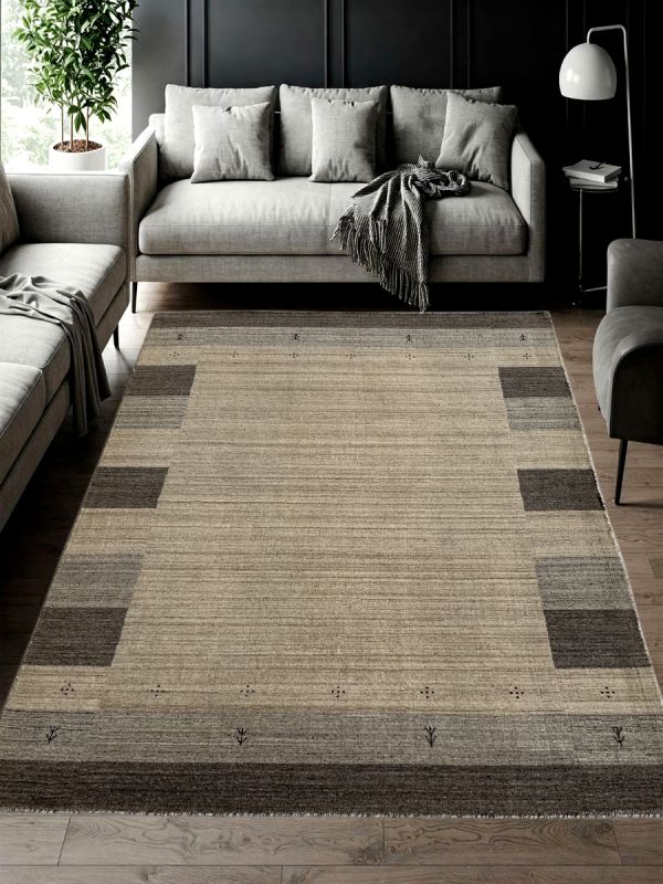 Beige & Brown Geometric Border Rug