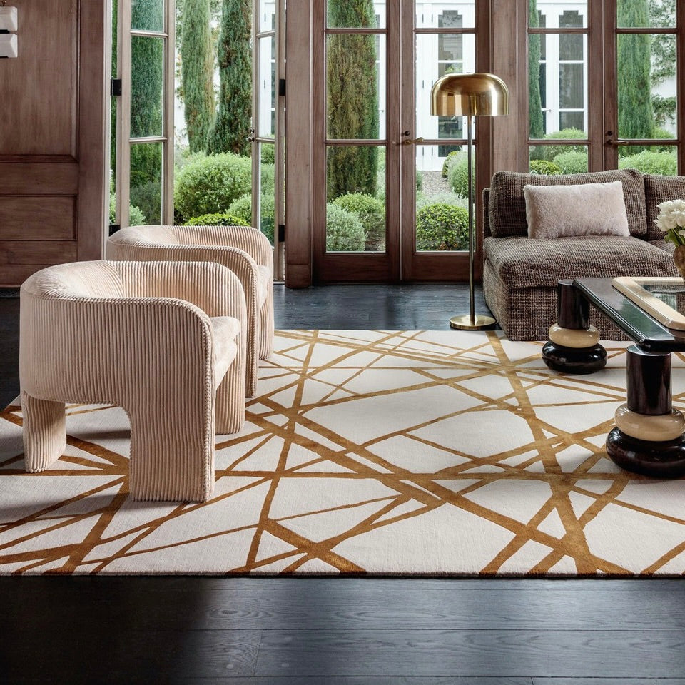 Ivory & Gold Abstract Linear Geometric Area Rug