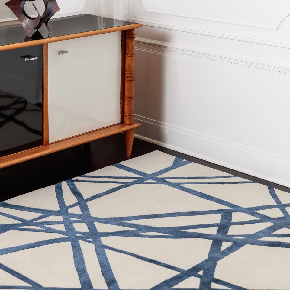 Ivory & Indigo Blue Abstract Line Area Rug