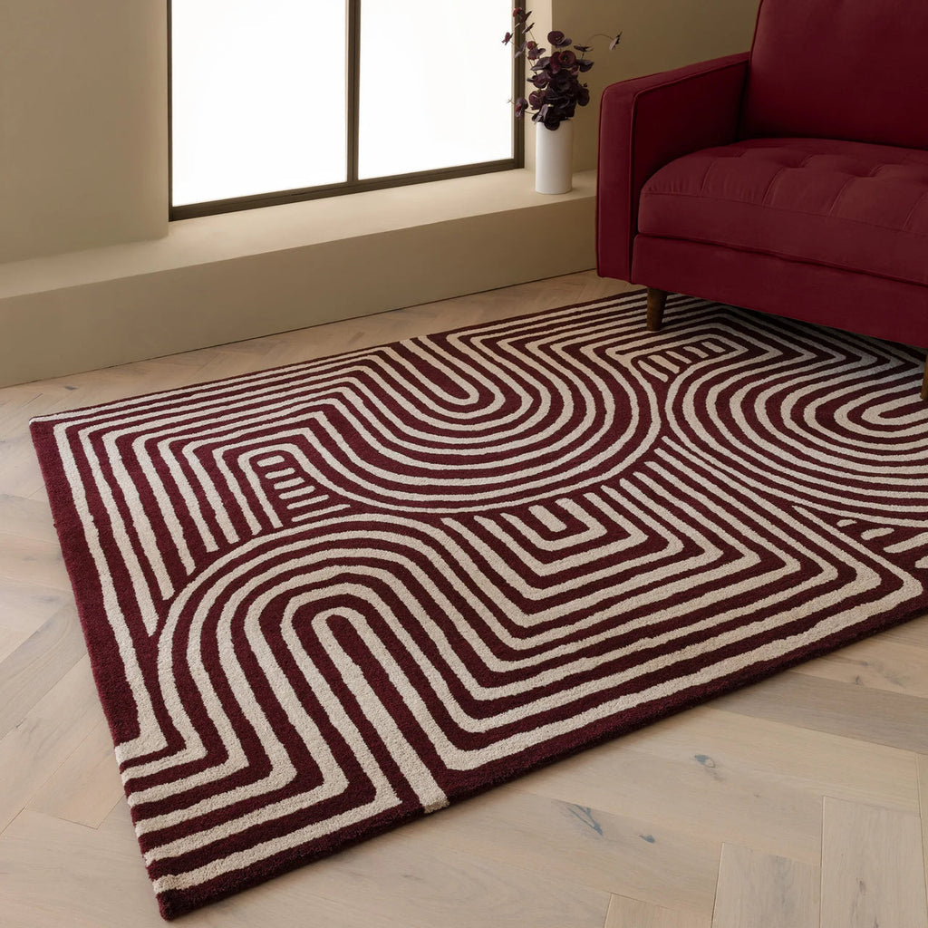 Burgundy & Cream Geometric Maze Rug