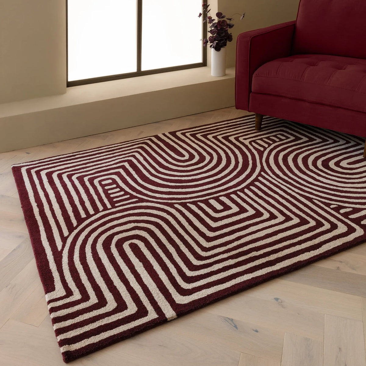 Burgundy & Cream Geometric Maze Rug