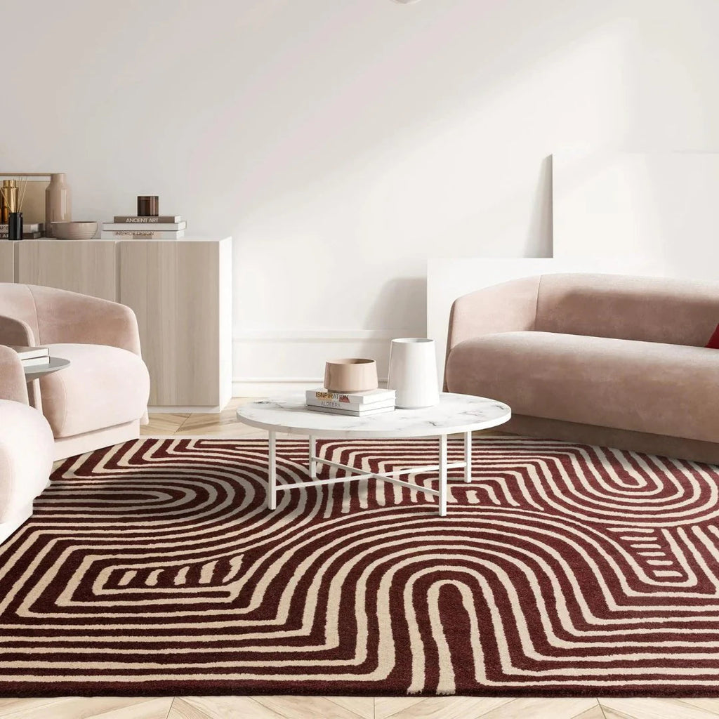 Burgundy & Cream Geometric Maze Rug