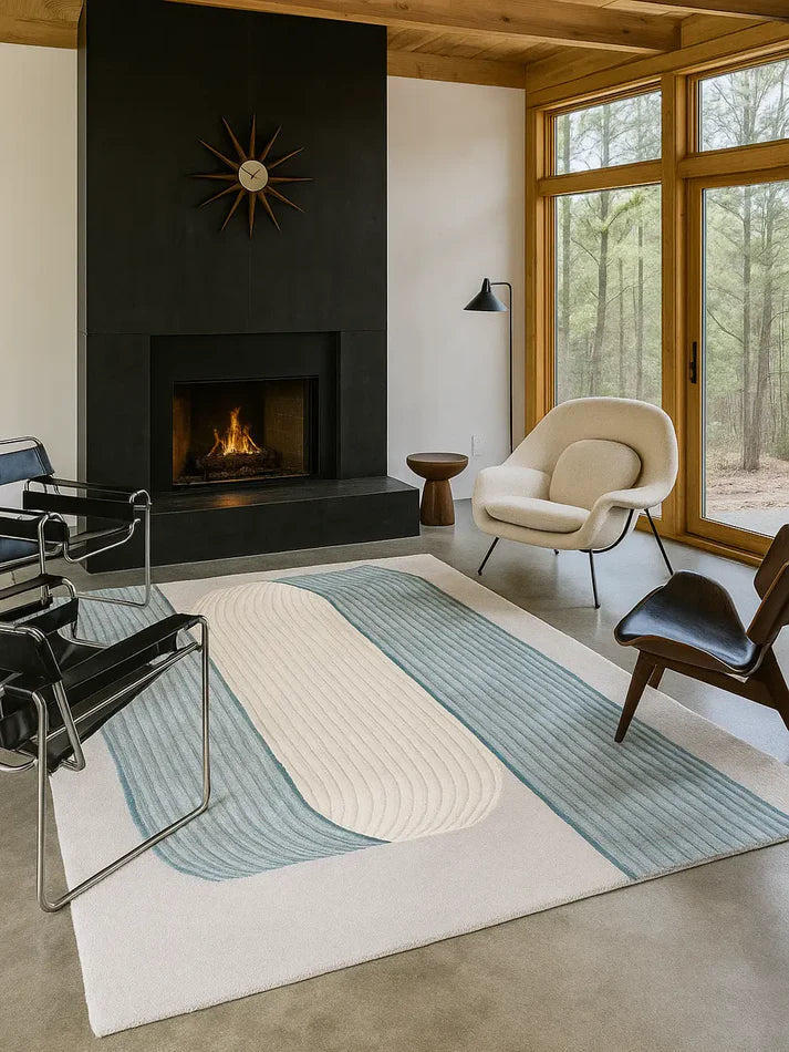 Modern Blue & Ivory Abstract Wool Rug