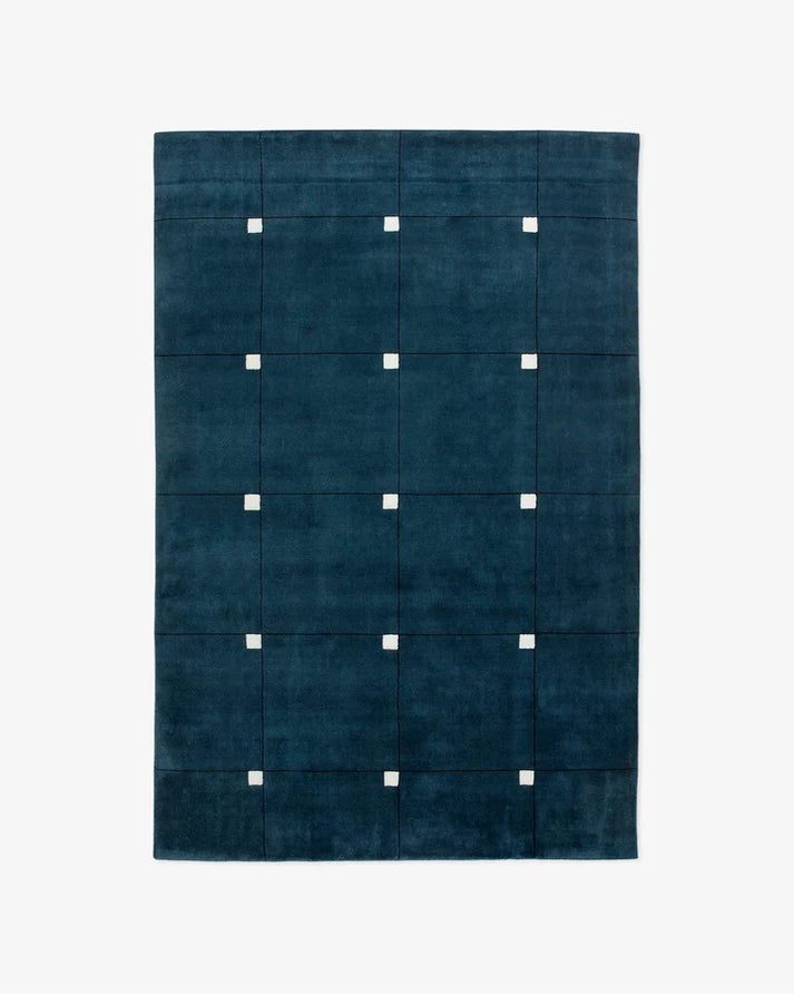 Modern Navy Blue Grid Wool Rug with Ivory Accents