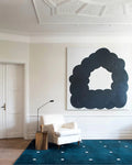 Modern Navy Blue Grid Wool Rug with Ivory Accents