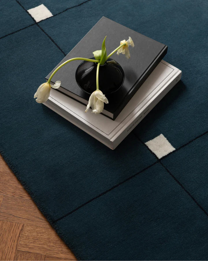 Modern Navy Blue Grid Wool Rug with Ivory Accents