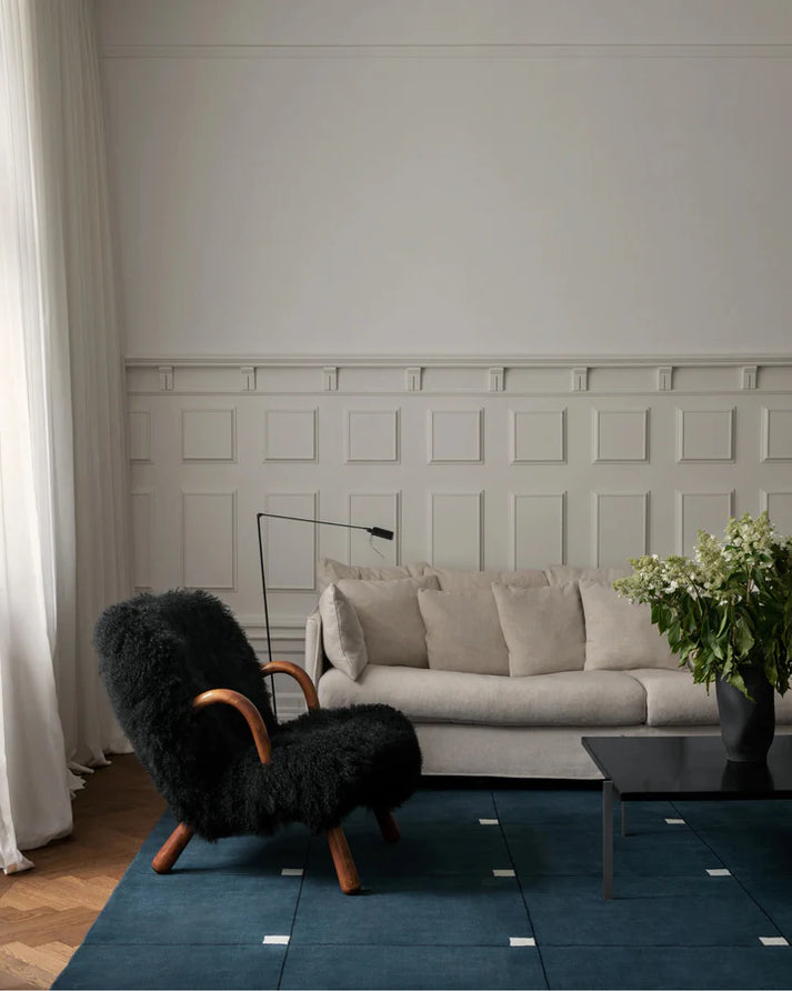 Modern Navy Blue Grid Wool Rug with Ivory Accents