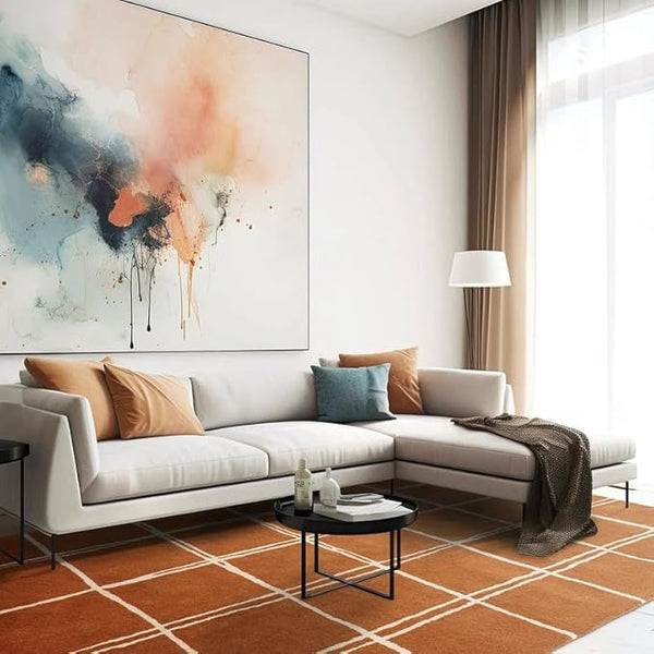 Terracotta Brown & Ivory Grid Wool Rug