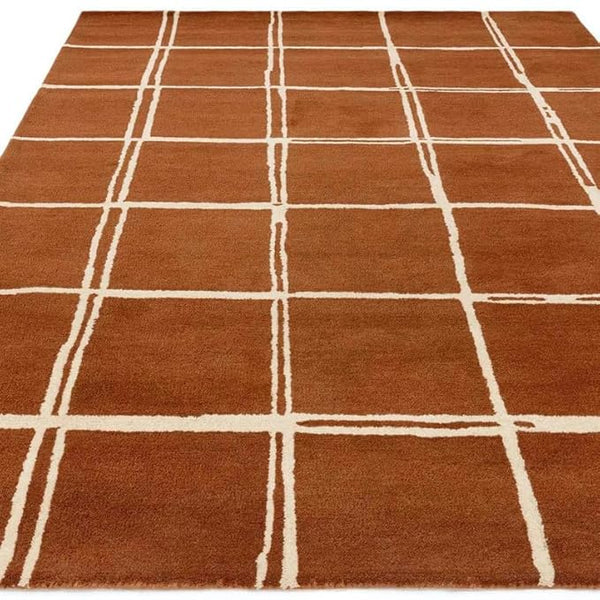 Terracotta Brown & Ivory Grid Wool Rug