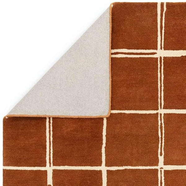 Terracotta Brown & Ivory Grid Wool Rug