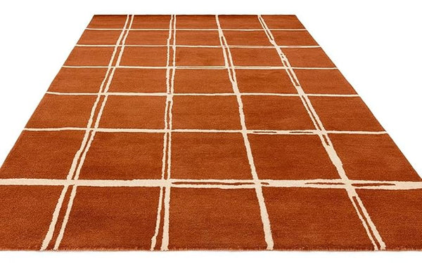Terracotta Brown & Ivory Grid Wool Rug