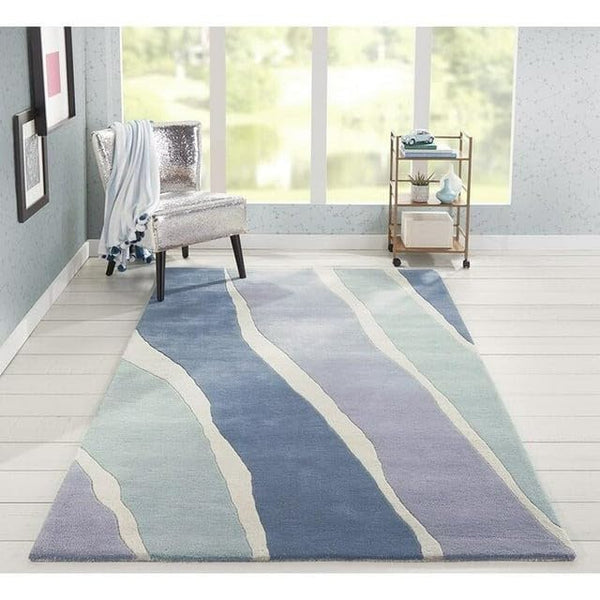 Blue & Soft Grey Abstract Striped Wool Rug