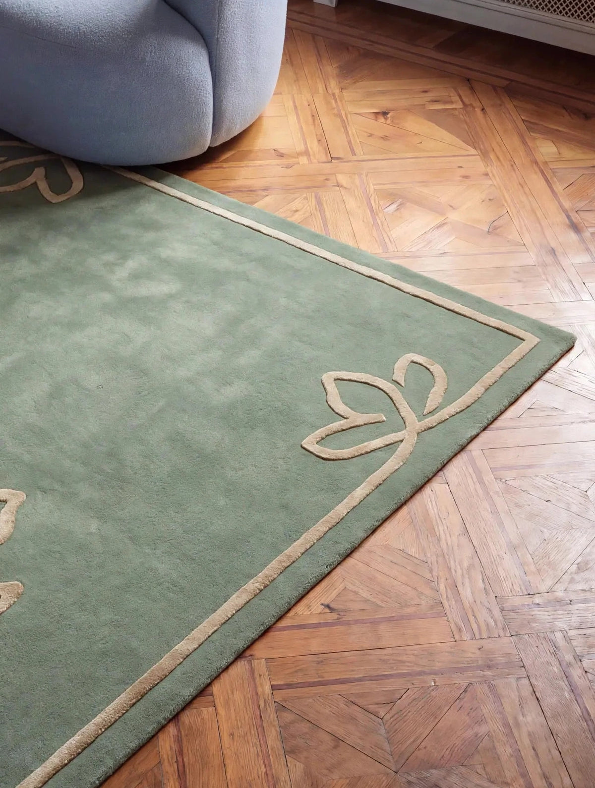 Sage Green Rug with Beige Botanical Border