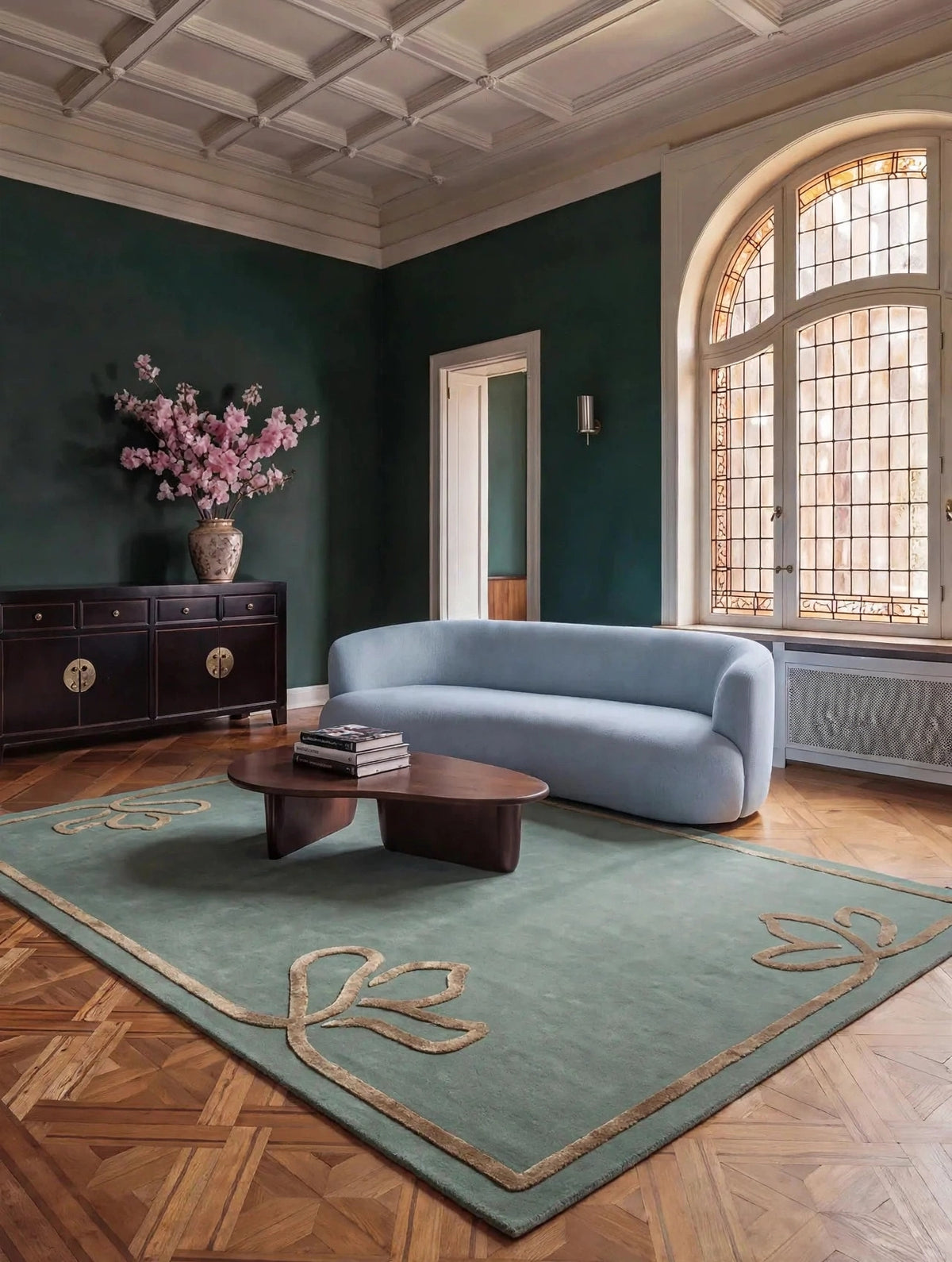 Sage Green Rug with Beige Botanical Border