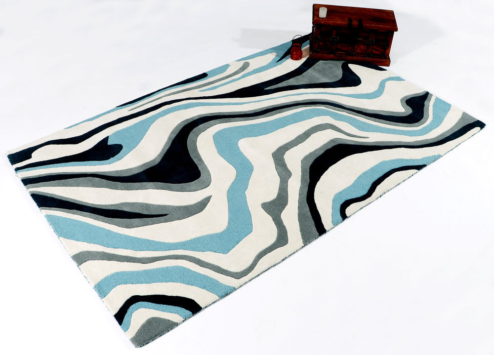 Blue & Black Abstract Wave Pattern Area Rug